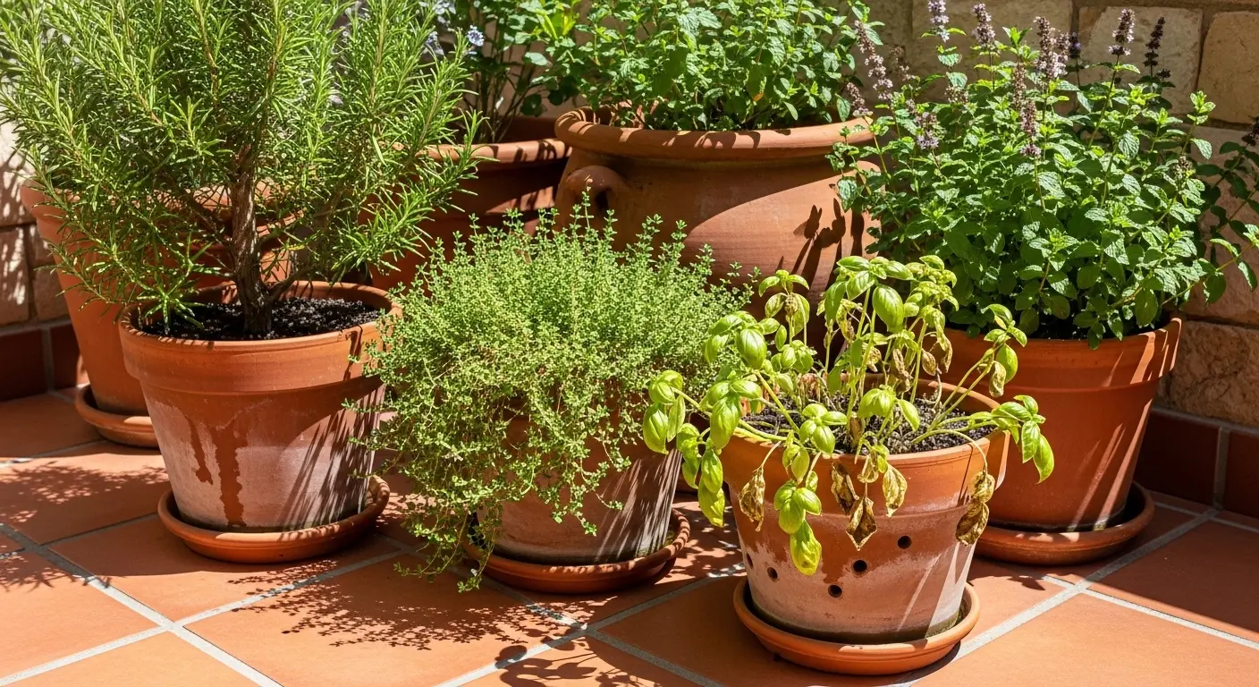 Pots de plantes aromatiques sur une terrasse ensoleillée, certains en bonne santé, d'autres en difficulté