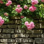 Mur de jardin recouvert d'un rosier grimpant en fleurs avec des roses roses