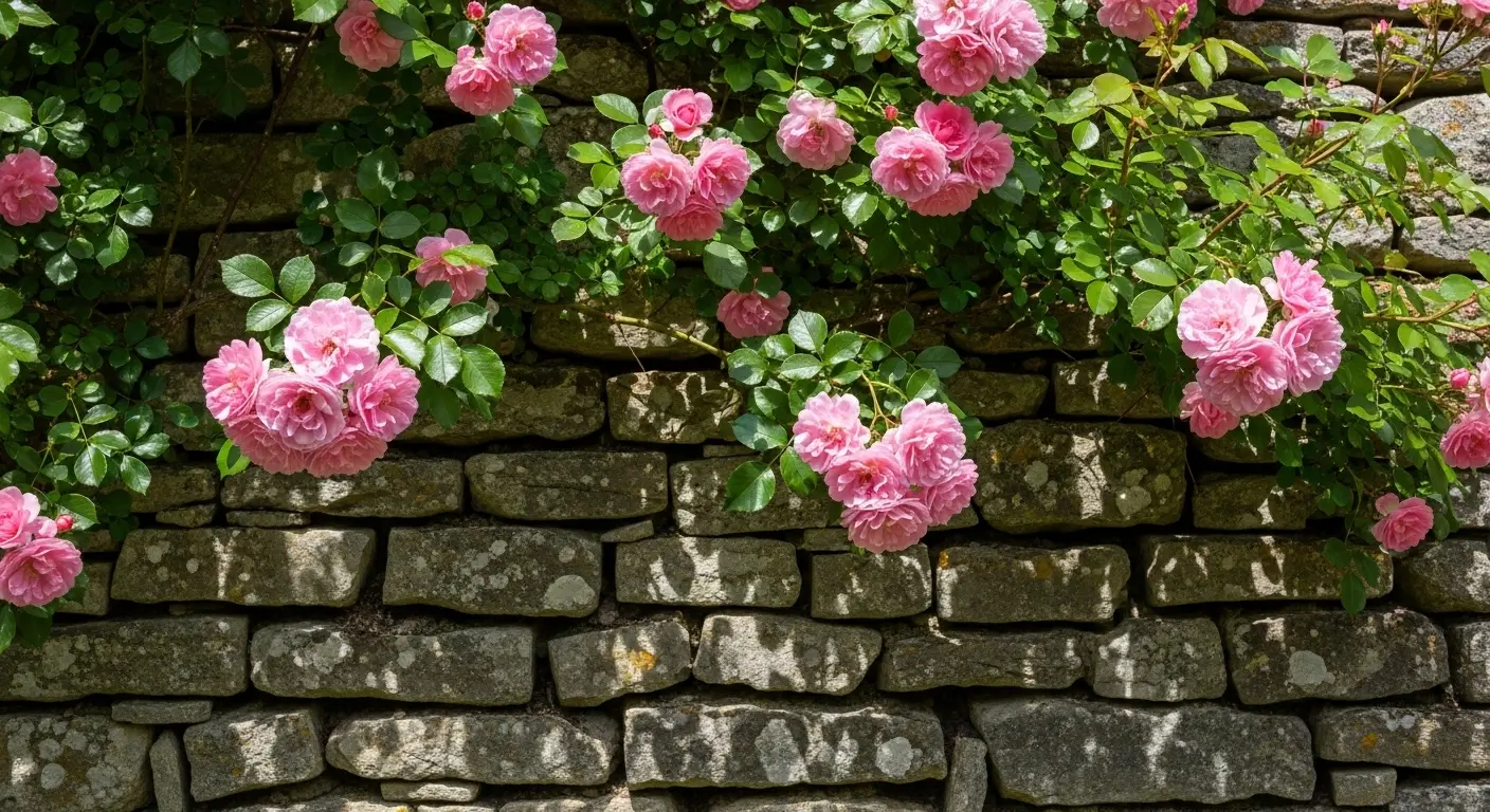 Mur de jardin recouvert d'un rosier grimpant en fleurs avec des roses roses