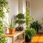 Différentes plantes pour véranda disposées dans un espace lumineux aux murs blancs