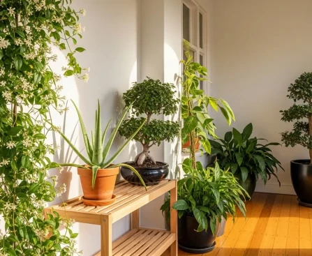 Différentes plantes pour véranda disposées dans un espace lumineux aux murs blancs