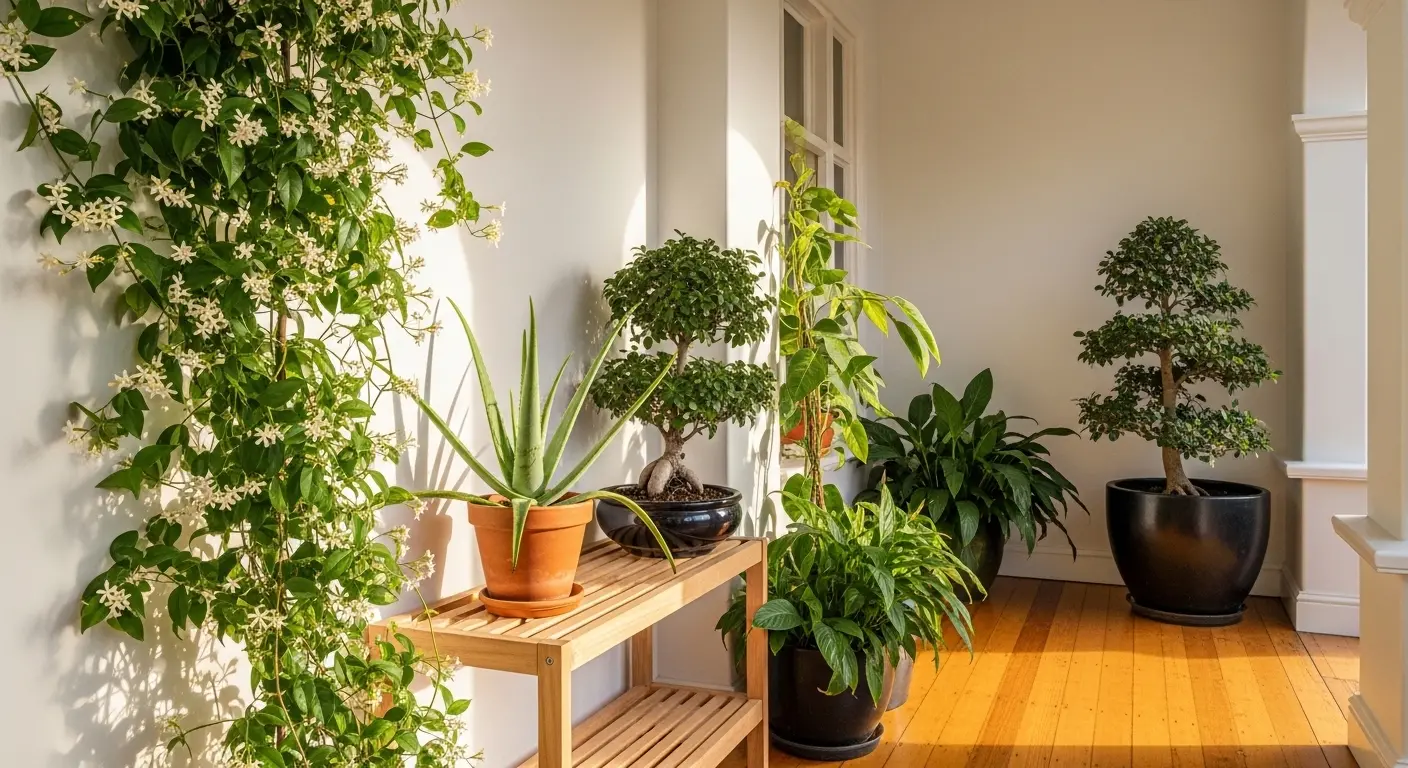 Différentes plantes pour véranda disposées dans un espace lumineux aux murs blancs