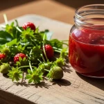 Queues de fraises posées sur une planche en bois à côté d'un bocal de sirop maison
