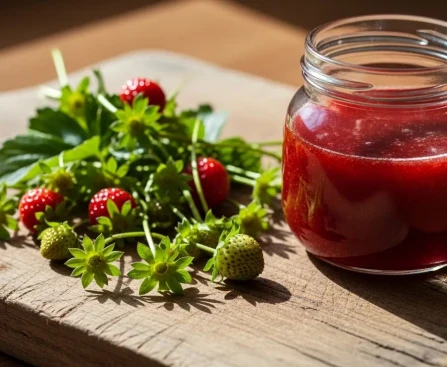 Queues de fraises posées sur une planche en bois à côté d'un bocal de sirop maison