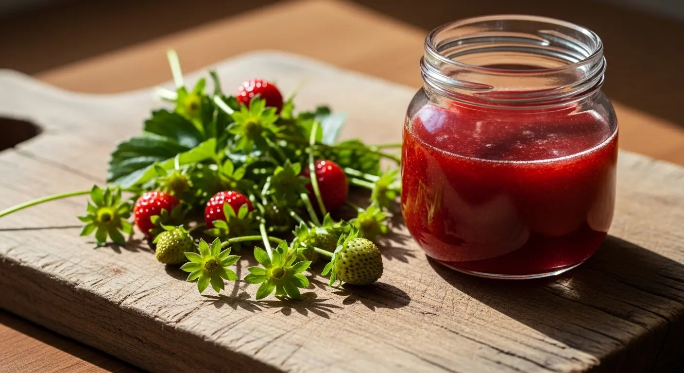 Queues de fraises posées sur une planche en bois à côté d'un bocal de sirop maison