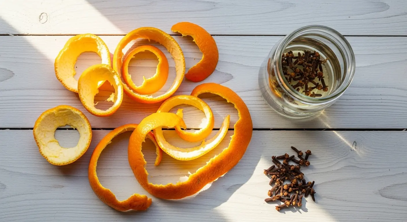 Écorces d'orange bio sur un plan de travail pour illustrer comment les recycler à la maison