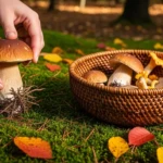 Mains cueillant délicatement un cèpe de Bordeaux dans la forêt, technique correcte
