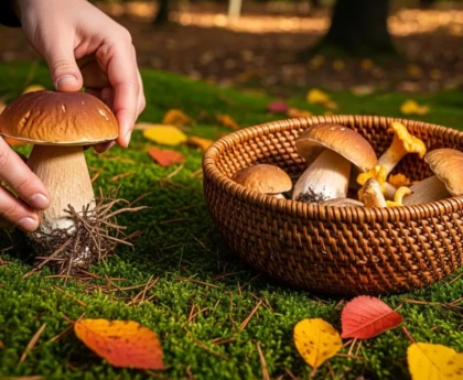 Mains cueillant délicatement un cèpe de Bordeaux dans la forêt, technique correcte