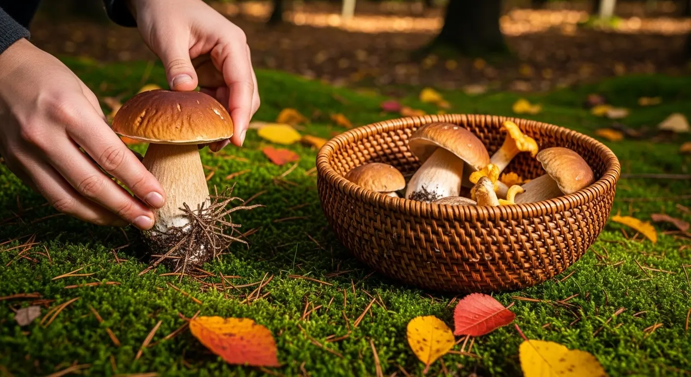 Mains cueillant délicatement un cèpe de Bordeaux dans la forêt, technique correcte