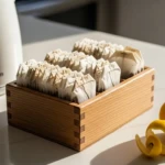 Sachets de thé usagés séchés dans une petite boîte en bois sur un plan de travail de cuisine