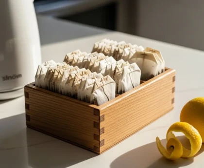 Sachets de thé usagés séchés dans une petite boîte en bois sur un plan de travail de cuisine