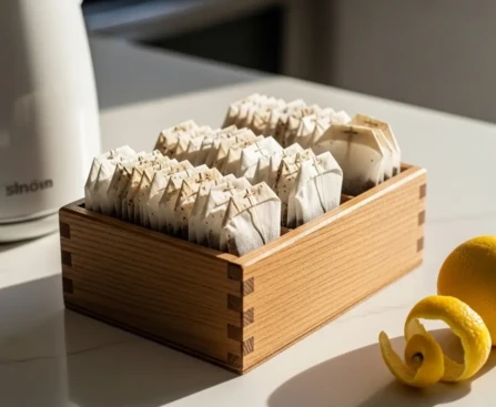 Sachets de thé usagés séchés dans une petite boîte en bois sur un plan de travail de cuisine