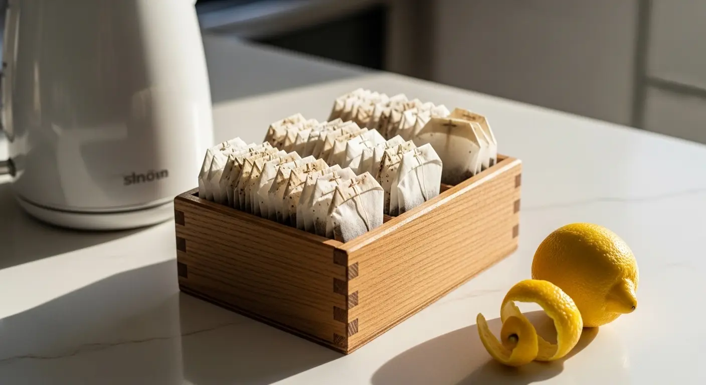 Sachets de thé usagés séchés dans une petite boîte en bois sur un plan de travail de cuisine