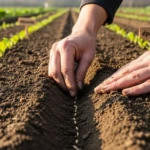 Mains semant des graines dans un sillon de terre fraîche au potager en septembre