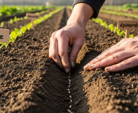 Mains semant des graines dans un sillon de terre fraîche au potager en septembre