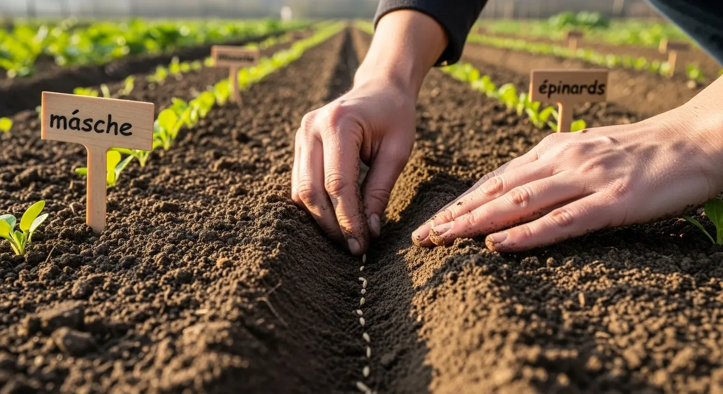 Mains semant des graines dans un sillon de terre fraîche au potager en septembre