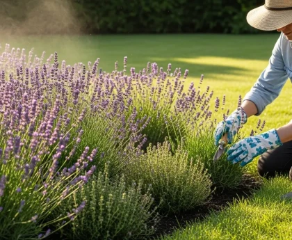 Jardin entretenu avec des plantes aromatiques en bordure pour éloigner les tiques naturellement
