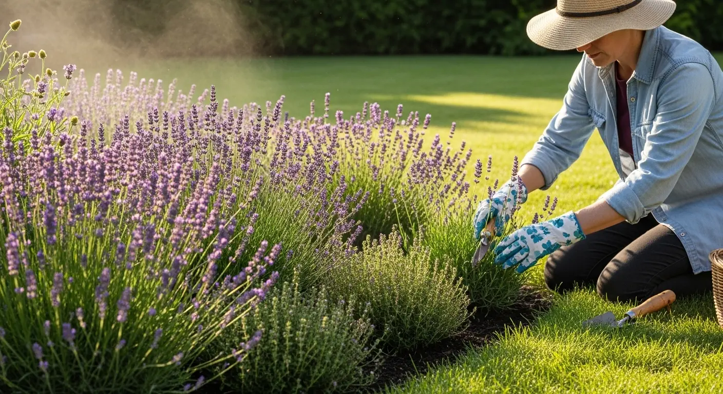 Jardin entretenu avec des plantes aromatiques en bordure pour éloigner les tiques naturellement